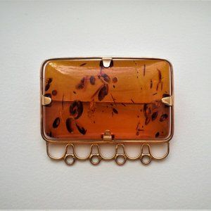 Vintage Russian Russia USSR 14K 583 Rose Pink Gold Baltic Honey Amber Pin Brooch